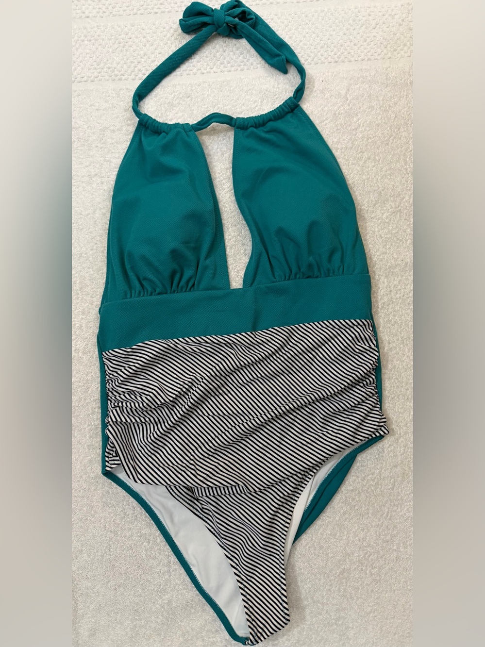 Cupshe Plunge Halter Swimsuit Textured Striped Ruched Bottom Tummy Control Beach